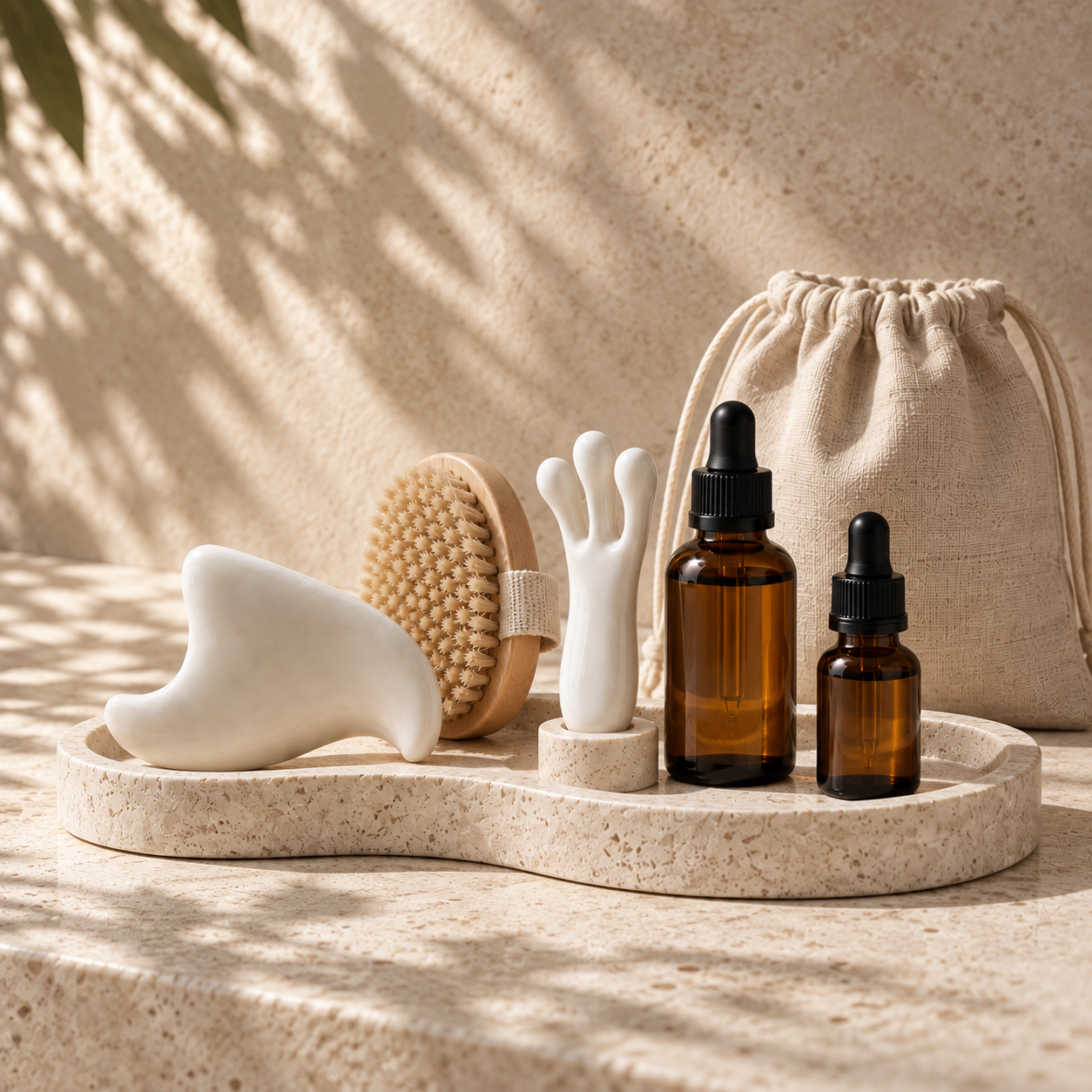 Body Ritual Tools concept display with a dry brush, facial and body gua sha, scalp tool and two oils