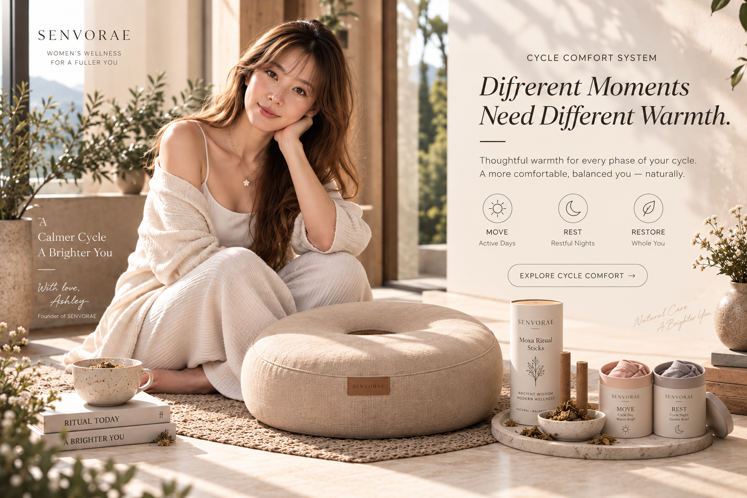 Founder with the Cycle Comfort system: Home Yoni Moxa Ritual System, MOVE and REST containers, and moxa refill format