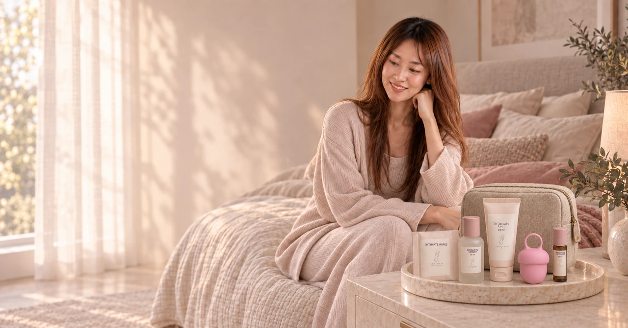 Ashley Liang beside a coordinated Rose Intimate Care Rituals collection