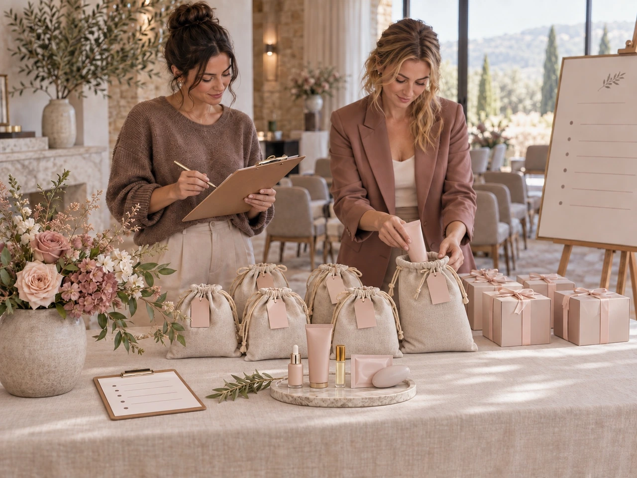 Project team checking and packing a wellness suite into event gift bags